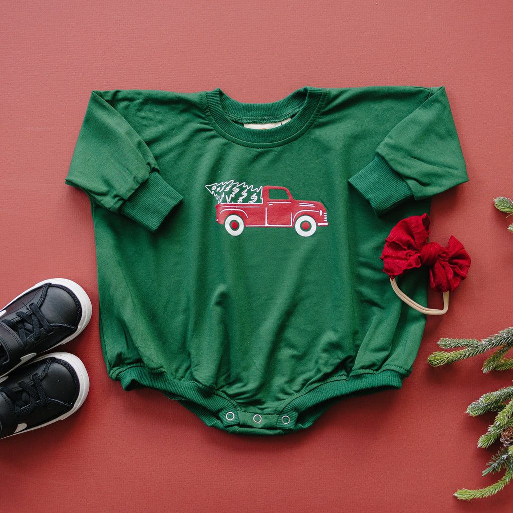 Christmas Tree Truck Bamboo Sweatshirt Romper